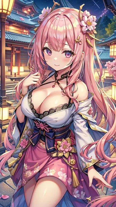 Masterpiece、Highest quality、Super detailed、1 girl、Light pink hair、Fluffy and soft long hair、Starry eyes、Big Tits、Cleavage、Too big breasts、Heian period、Japanese fantasy、Wide open chest、Mysterious Lights、Night Sky、smile、Lace cape、Belly button