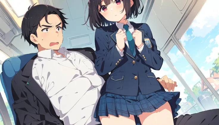 A middle-aged man with black bob hair and a blazer and uniform is standing holding onto the handrail of a train、He is rubbing the buttocks of a girl in a navy blue checked skirt.