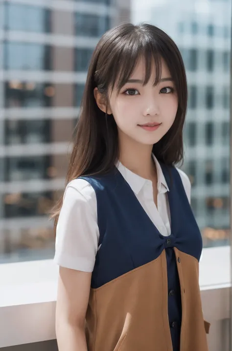 1girl, matured female, vest, bow, best quality, hires, detailed face, office, buildings from window, detailed background, diffused sunlight, depth of field, bokeh