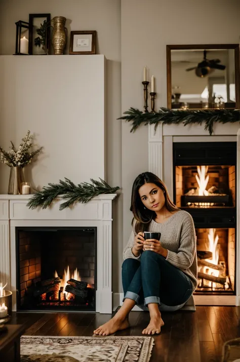 Girl in the house by the fireplace 