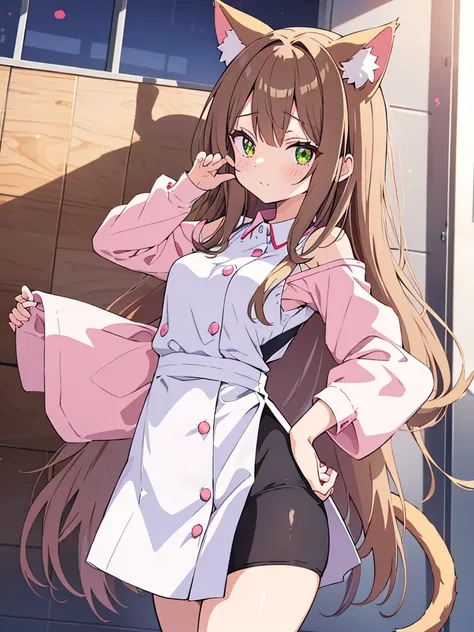 An anime girl with cat ears and a cat tail, dressed as a nurse. She has long, straight light brown hair that falls softly over her shoulders.. His eyes are large and emerald in color., full of sweetness and empathy. Las orejas de gato son esponjosas y the ...