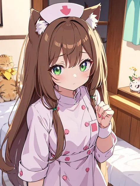 an anime girl with cat ears and a cat tail, dressed as a nurse. she has long, straight light brown hair that falls softly over h...