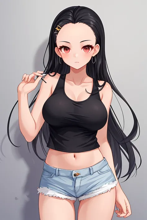 Black Hair　Beautiful breasts　beautiful girl　Tank top　mini skirt　White panties through the gap in shorts　hairpin　Long Hair　Forehead