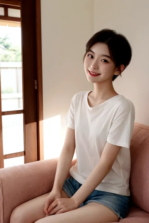 Highest quality、perfection、Beautiful woman、young、20-year-old、short hair、T-Shirts、Shorts、summer、smile、living room、Sit on a chair、Asahi、Bright atmosphere、cheerful personality、Beautiful scenery、Famous actresodel、Small face、Big round eyes、Small Mouth、Photo of ...