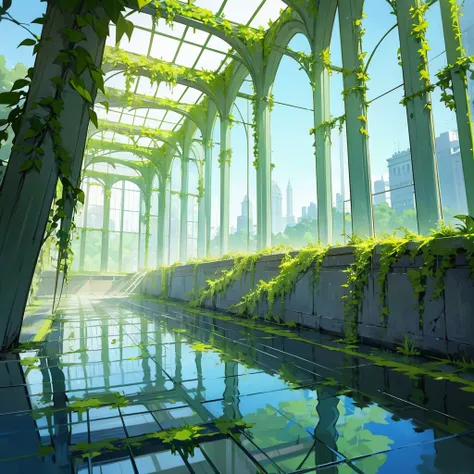 moss green bridges with healthy vines, clean watery grounds, clear blue skies, rocky glassy manors, one large building in the middle with glass walls, reflecting, covered aesthetically with yellowish-green vines
