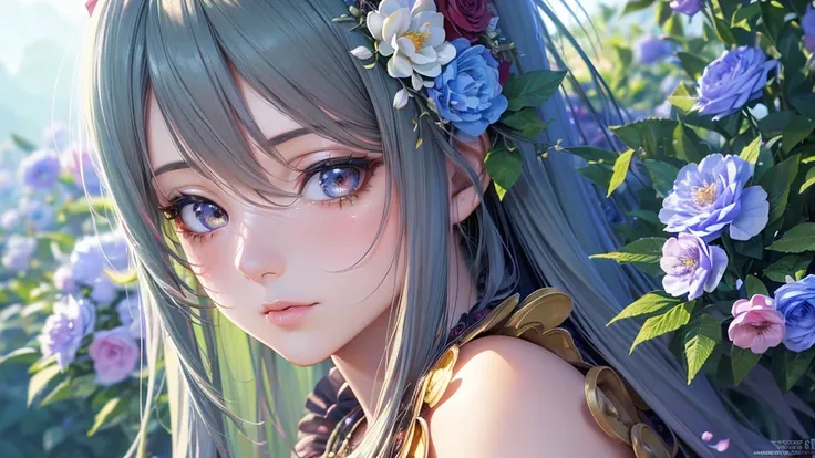 a beautiful anime girl, detailed face, long hair, detailed eyes, detailed lips, wearing colorful dress, flower garden background, (best quality,4k,8k,highres,masterpiece:1.2),ultra-detailed,(realistic,photorealistic,photo-realistic:1.37),vibrant colors,int...