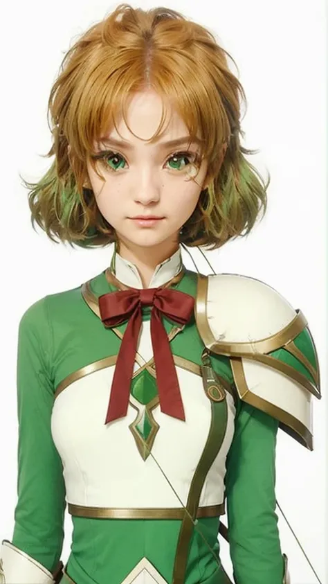 realisitic, 4K, High definition, Fuu is an exemplary student, with green hair that resembles tree leaves. Your brown eyes are always curious and observant. As the Wind Magic Warrior, your green armor is light and aerodynamic. She wields a bow with precisio...