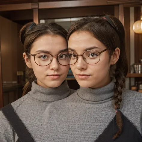 Cute Q version with round-frame glasses and double ponytails