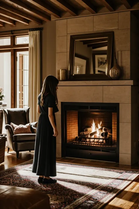 Girl in the house by the fireplace