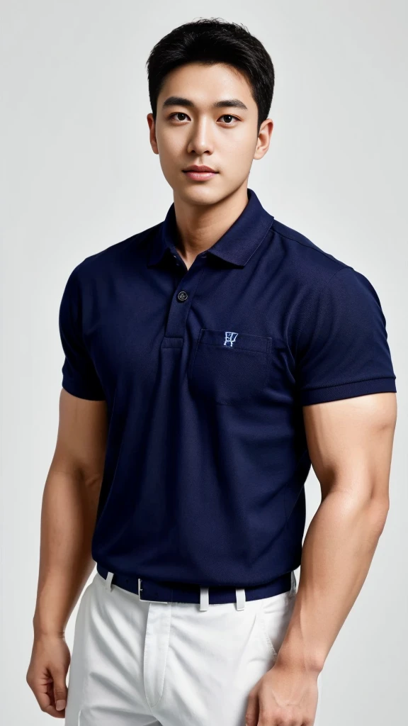 A male police officer in his 20s poses for a group photo....., Wear a navy blue polo shirt......................., high resolution, Masterpiece, best quality, head:1.3,, Smooth and fine skin, clear focus, (movie light), during the night, gentle light, Dyna...