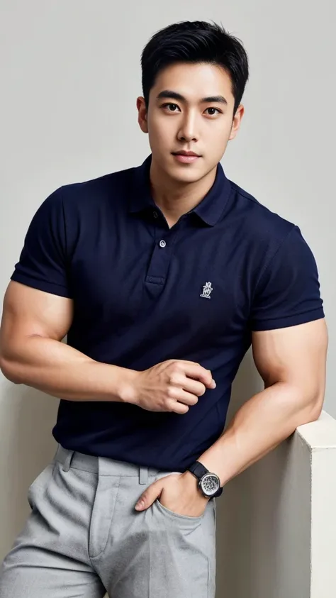 A male police officer in his 20s poses for a group photo....., Wear a navy blue polo shirt......................., high resolution, Masterpiece, best quality, head:1.3,, Smooth and fine skin, clear focus, (movie light), during the night, gentle light, Dyna...