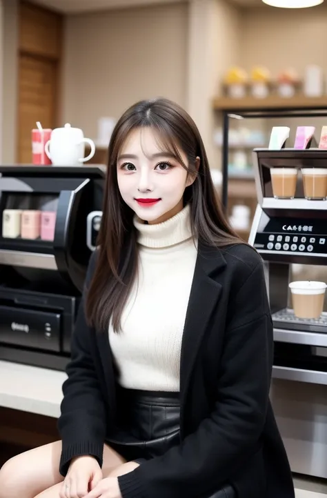 The picture shows a long-haired beauty sitting in a cafe。She was wearing a black coat，Wear a white turtleneck sweater and a black skirt，On the feet is a pair of black boots。Her hair is brown，Slightly curled and hanging on the shoulders。Her makeup is delica...