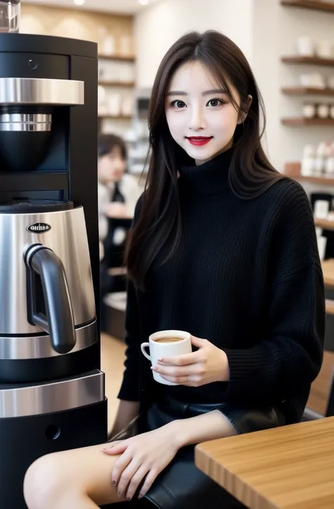 The picture shows a long-haired beauty sitting in a cafe。She was wearing a black coat，Wear a white turtleneck sweater and a black skirt，On the feet is a pair of black boots。Her hair is brown，Slightly curled and hanging on the shoulders。Her makeup is delica...