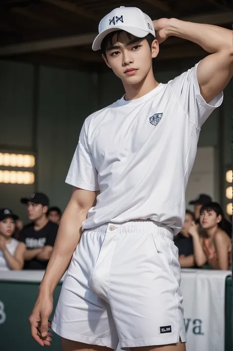 Shota, 15-year-old boy, Children, very young teenagers, Amazing baseball field view, In the middle of a baseball field packed with people, baseball field on the background, Its crowded., sunny day, (He wore a tight, short-sleeved white shirt.:1.5) ,Very sm...