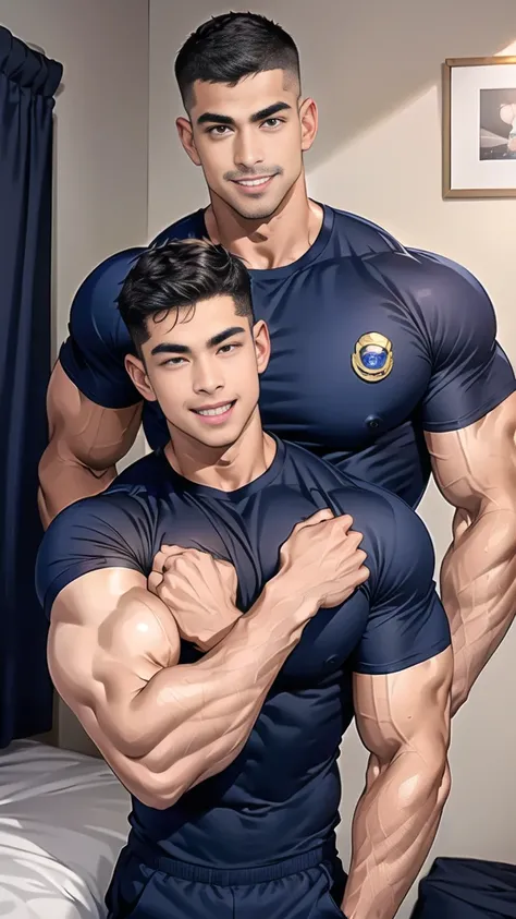 (handsome Man),(Thin mustache:1.1),(crew cut short hair:1.5),black eye,
(navy blue tight-fitting round neck short sleeve T-shirt:1.3),(Police badge:1.3),navy blue cargo pants,(navy_gloves:1,3),
Korean guy,chest muscles,large arm muscles,blood vessel,Big mu...