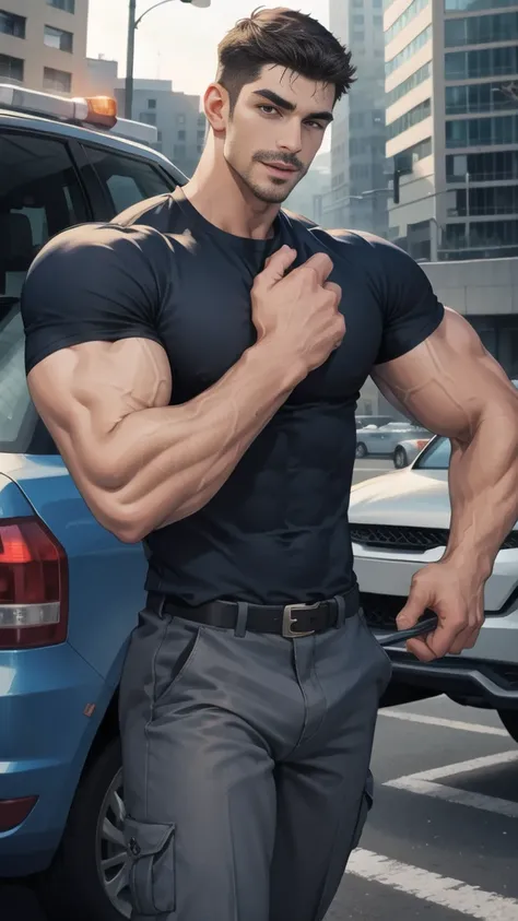 (handsome Man),(Thin mustache:1.1),(crew cut short hair:1.5),black eye,
(navy blue tight-fitting round neck short sleeve T-shirt:1.3),(Police badge:1.3),navy blue cargo pants,(navy_gloves:1,3),
Korean guy,chest muscles,large arm muscles,blood vessel,Big mu...