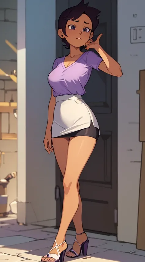 Luz Noceda, massive breasts, cleavage, ((purple and white small shirt and a black stripped miniskirt)), high quality fanart, open legs Style, official fanart, , official art, (nsfw), barefoot, ((open-toe platform high heels))