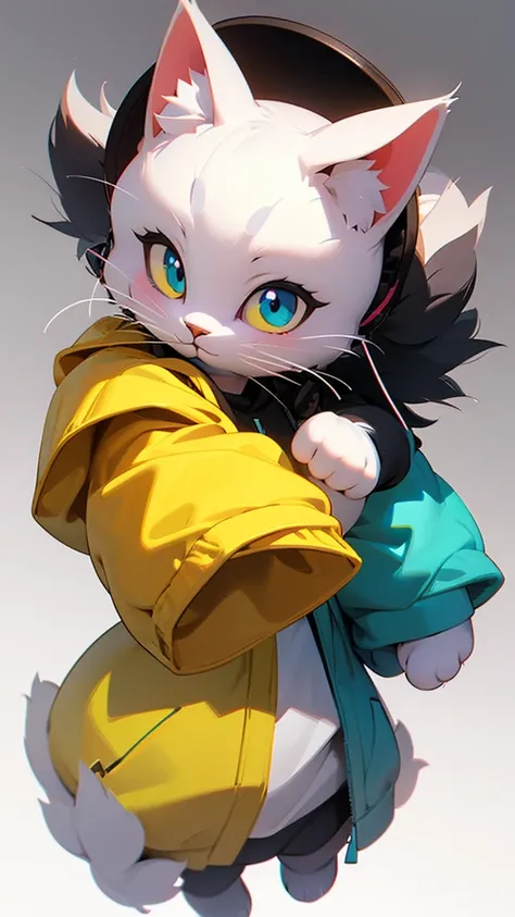 Cute cat with fluffy fur wearing one hoodie and headphones, The background is modern and inorganic, Adorable digital painting, 3D Rendering, Bright lighting, Vibrant colors,