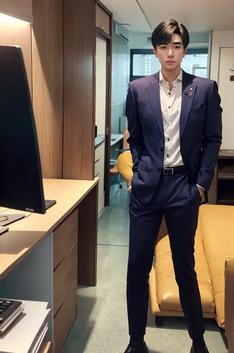 New employee, very handsome, 20 years old.、　（A really cool S-class guy in a suit.）、　เด็กชายJapanอายุ 20 ปี、　businessman、　Luxurious suit、　brown suit、　office、　Standing in a suitＳHandsome young man、　full body photo、　（ภาพถ่ายที่มีรายละเอียดhighของ CG Unity 8K）...