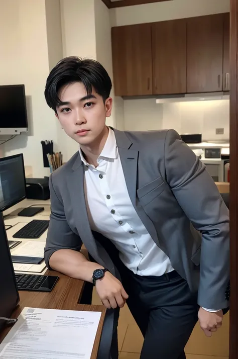 New employee, very handsome, 20 years old.、　（A really cool S-class guy in a suit.）、　เด็กชายJapanอายุ 20 ปี、　businessman、　Luxurious suit、　brown suit、　office、　Standing in a suitＳHandsome young man、　full body photo、　（ภาพถ่ายที่มีรายละเอียดhighของ CG Unity 8K）...