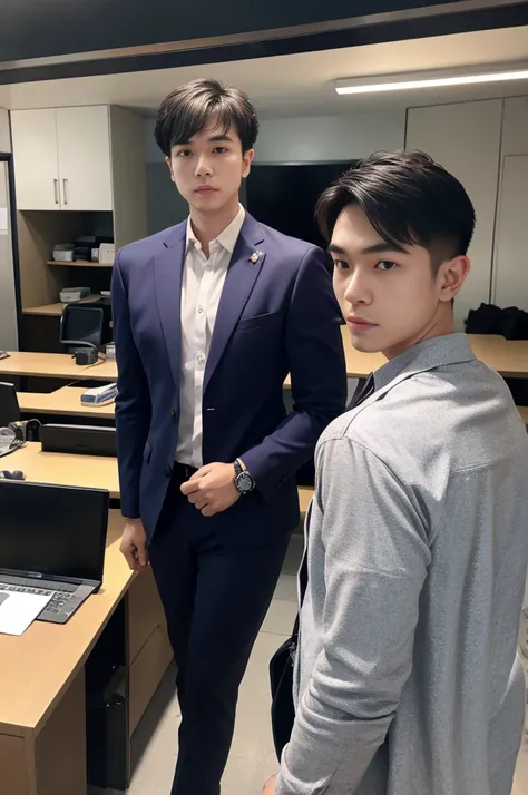 New employee, very handsome, 20 years old.、　（A really cool S-class guy in a suit.）、　เด็กชายJapanอายุ 20 ปี、　businessman、　Luxurious suit、　brown suit、　office、　Standing in a suitＳHandsome young man、　full body photo、　（ภาพถ่ายที่มีรายละเอียดhighของ CG Unity 8K）...