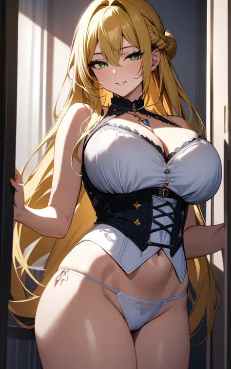 (masterpiece)、(absurdres)、(ultra detailed)、solo woman:1.1、huge breast:0.9,french braid、yellow long hair:1.1、green eyes、hair between eyes、little pendant in sapphire:0.9、(White halter neck bra、Beautifully detailed bustier、G-strings white panties),cowboy shot...