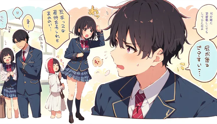 A middle-aged man is lifting up the skirt of a girl with bob-black hair, a blazer uniform, a navy blue checked skirt and floral panties, who is standing on a train with a blushing face and bowed head.、whole body