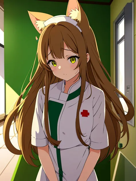 Girl cat ears and a cat tail, dressed as a nurse. She has long, straight light brown hair that falls softly over her shoulders.. His eyes are large and emerald in color., full of sweetness and empathy. Las orejas de gato son esponjosas y the same color as ...