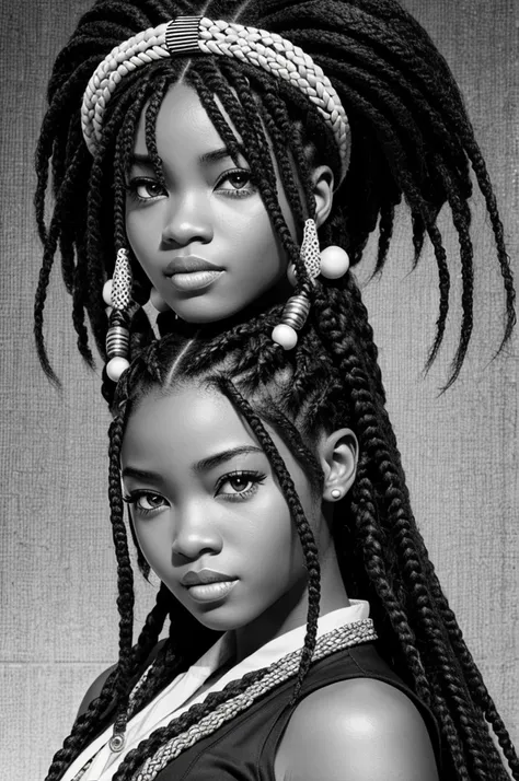 Create a girl in the style of Tokyo revengers, with hair full of African braids and a black chullo on his head, with big-eared and dull eyes, let it be brunette black and white manga style 