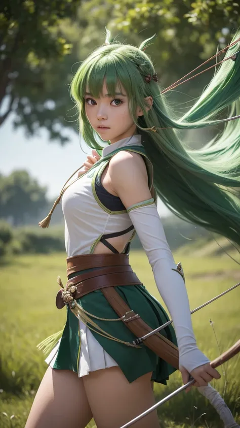 realisitic, 4K, High definition, Fuu is an exemplary student, with green hair that resembles tree leaves. Your brown eyes are always curious and observant. As the Wind Magic Warrior, your green armor is light and aerodynamic. She wields a bow with precisio...