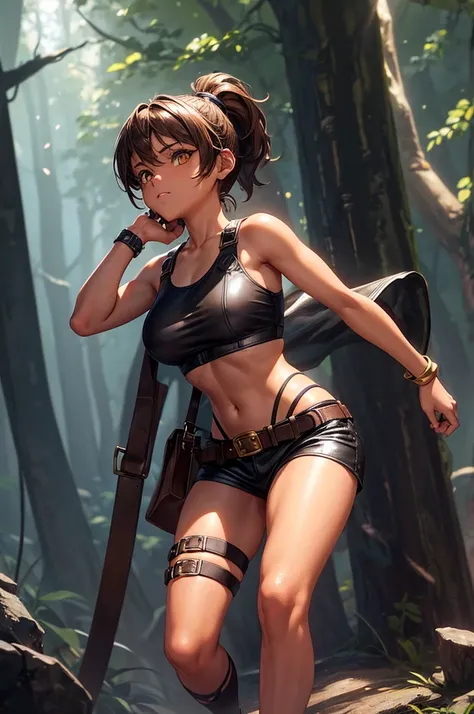 Creating an illustration of a teenage female, short brown ponytail, golden eyes, tanned skin, no breasts!!! - shes wearing a leather harness, white sleeveless t-shirt, black fabric short, leather belt, make full body - walk in the night forest. - digital a...