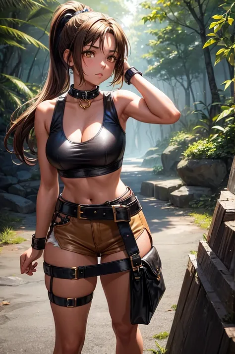 Creating an illustration of a teenage female, short brown ponytail, golden eyes, tanned skin, no breasts!!! - shes wearing a leather harness, white sleeveless t-shirt, black fabric short, leather belt, make full body - walk in the night forest. - digital a...