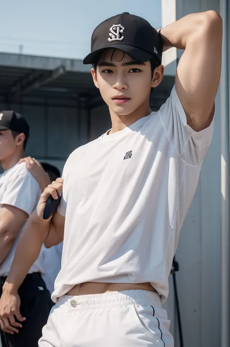 Shota, 15-year-old boy, Children, very young teenagers, Amazing baseball field view, In the middle of a baseball field packed with people, baseball field on the background, Its crowded., sunny day, (He wore a tight, short-sleeved white shirt.:1.5) ,Very sm...