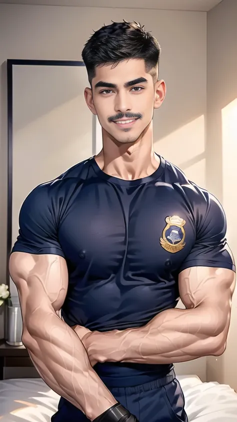 (handsome Man),(Thin mustache:1.1),(crew cut short hair:1.5),black eye,
(navy blue tight-fitting round neck short sleeve T-shirt:1.3),(Police badge:1.3),navy blue cargo pants,(navy_gloves:1,3),
Korean guy,chest muscles,large arm muscles,blood vessel,Big mu...