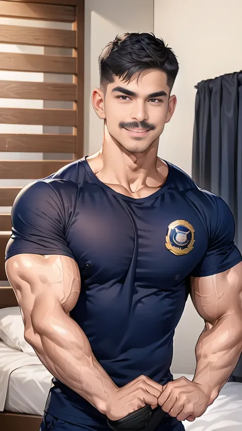 (handsome Man),(Thin mustache:1.1),(crew cut short hair:1.5),black eye,
(navy blue tight-fitting round neck short sleeve T-shirt:1.3),(Police badge:1.3),navy blue cargo pants,(navy_gloves:1,3),
Korean guy,chest muscles,large arm muscles,blood vessel,Big mu...