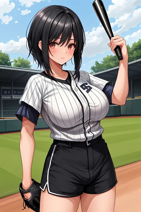 Women　Baseball Club Member　Big Breasts　Black Hair　Shortcuts　pitcher　baseball Ground　Shorts