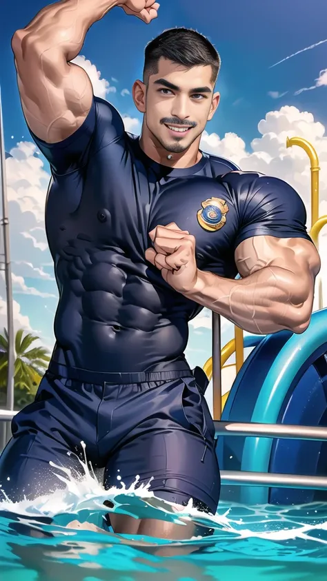 (handsome Man),(Thin mustache:1.1),(crew cut short hair:1.5),black eye,
(navy blue tight-fitting round neck short sleeve T-shirt:1.3),(Police badge:1.3),navy blue cargo pants,(navy_gloves:1,3),
Korean guy,chest muscles,large arm muscles,blood vessel,Big mu...