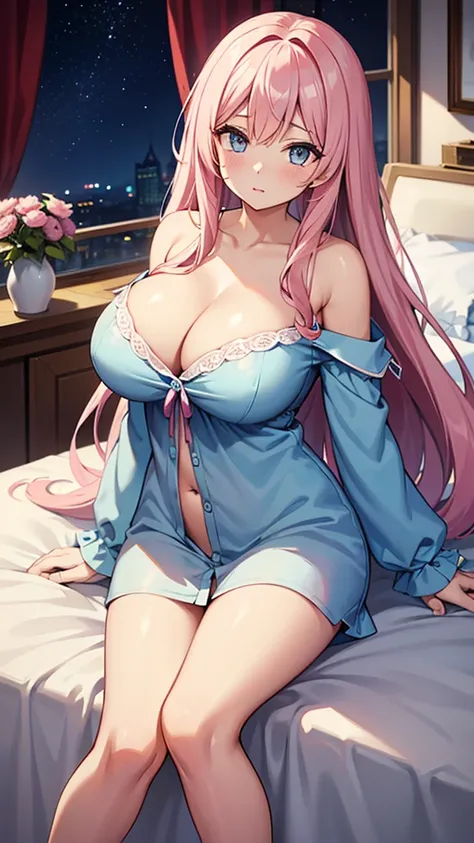 Masterpiece、Highest quality、Super detailed、1 girl、Light pink hair、Fluffy and soft long hair、Starry eyes、Big Tits、Cleavage、Too big breasts、Sheer pajamas、bed、Wide open chest、A button that looks like it&#39;s going to pop、Belly button、Soft light