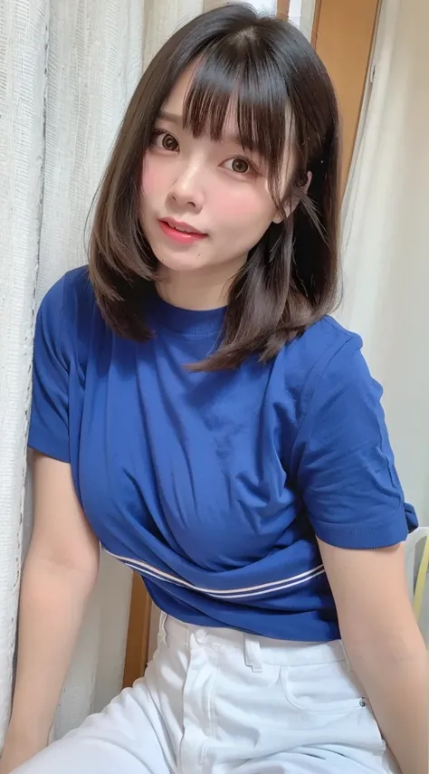 1 female、 Highest quality、 Ultra-high resolution、 (Realistic:1.4)、 blush、 cute、(Detailed face)、 Laughter、Looking into the camera、In town、Tight short-sleeved shirt、Tight pants、Huge breasts、 Accentuate your breasts、Large Breasts、Bobcut、 Straight Hair、Mole in...