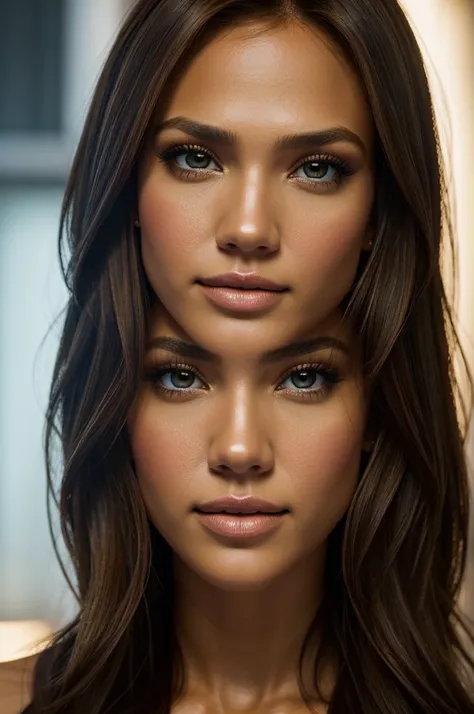 a beautiful woman,25-35 years old,stunningly realistic,photorealistic,highly detailed portrait,similar to Jessica Alba and Jennifer Lopez,flawless skin,mesmerizing eyes,striking features,lush brown hair,perfect makeup,elegant hairstyle,serene expression,al...