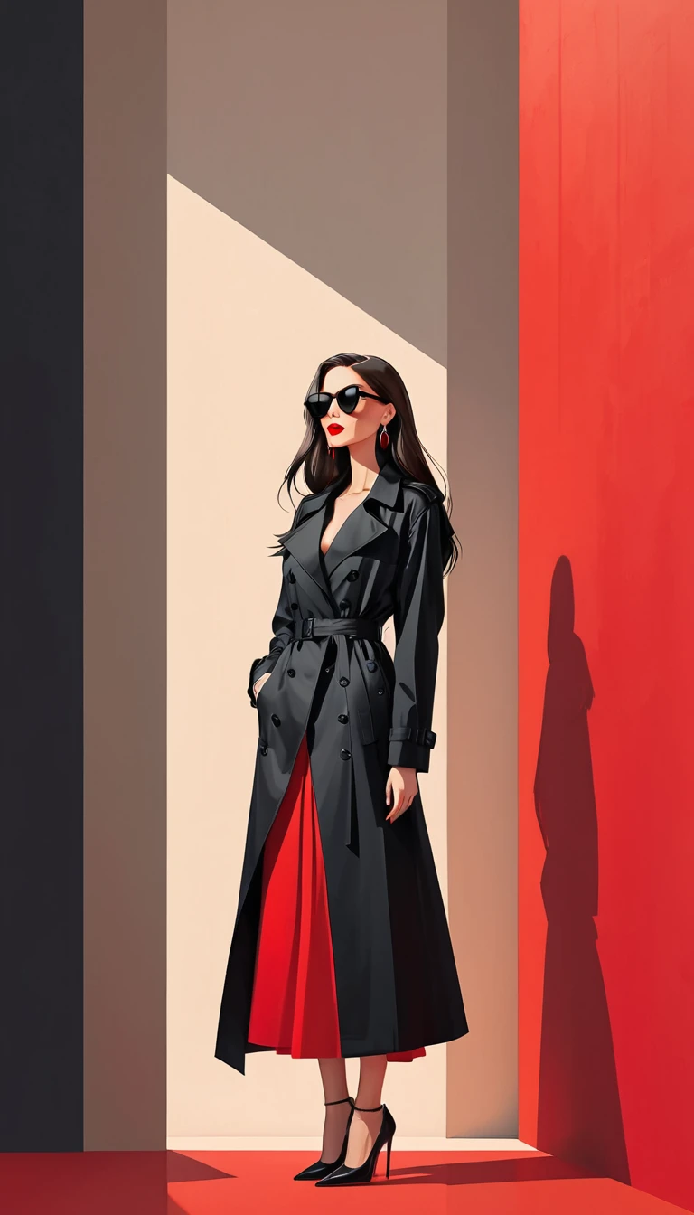 Simple vector illustration，Beautiful girl standing against the wall，Delicate red lips，unique，confidence，Long straight hair，sunglasses，Exaggerated earrings，unique，Staring at the audience），（(Black deep V trench coat：1.37，Red bottoming skirt)）。Looking from th...