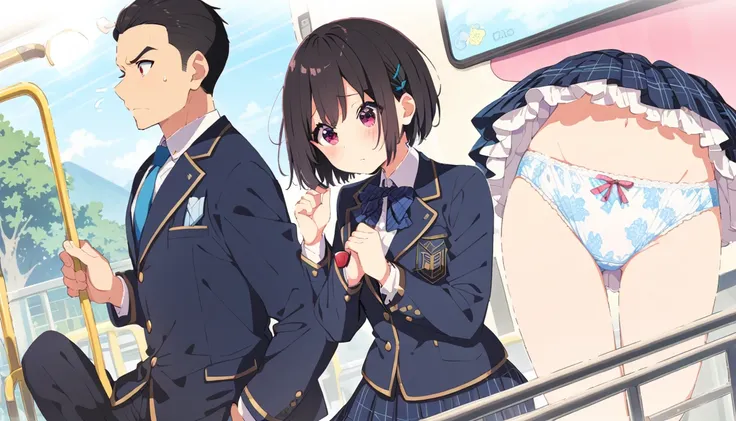 A middle-aged man is lifting up the skirt of a girl with bob-black hair, a blazer uniform, a navy blue checked skirt and floral panties, who is standing on a train with a blushing face and bowed head.、whole body