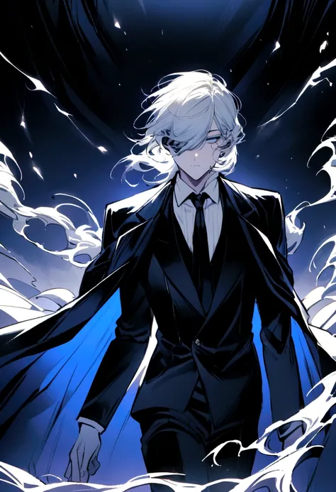 A young boy, donned in an elegant black suit reminiscent of classic mafia attire, occupies the scenes central focus. His silver hair gleams brightly, creating a striking contrast with his dark attire. A white mask cloaks his face, leaving only his eyes to ...