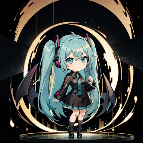 Black Trench Coat, Hatsune Miku, (chibi:1.5), full body, Big Eyes, (masterpiece), highest quality