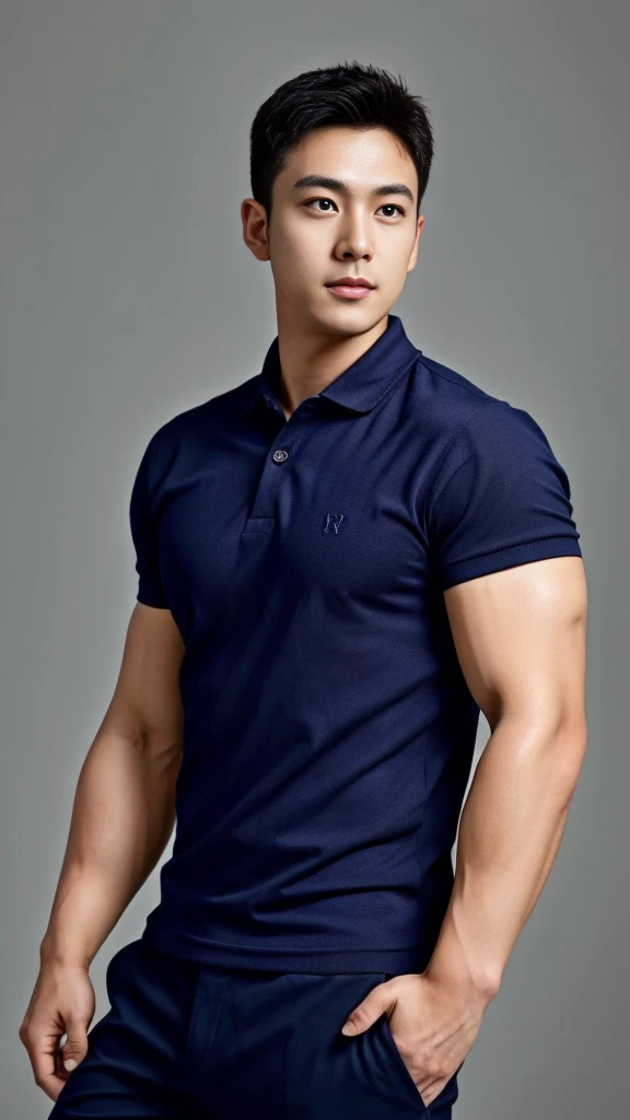 A male police officer in his 20s poses for a group photo....., Wear a navy blue polo shirt......................., high resolution, Masterpiece, best quality, head:1.3,, Smooth and fine skin, clear focus, (movie light), during the night, gentle light, Dyna...