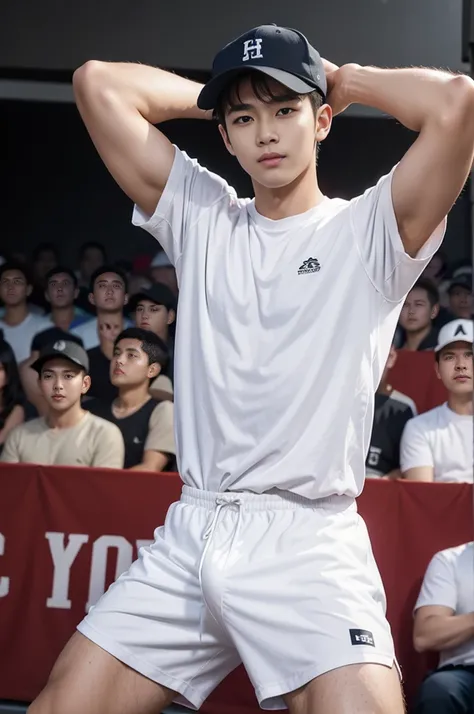 Shota, 15-year-old boy, Children, very young teenagers, Amazing baseball field view, In the middle of a baseball field packed with people, baseball field on the background, Its crowded., sunny day, (He wore a tight, short-sleeved white shirt.:1.5) ,Very sm...