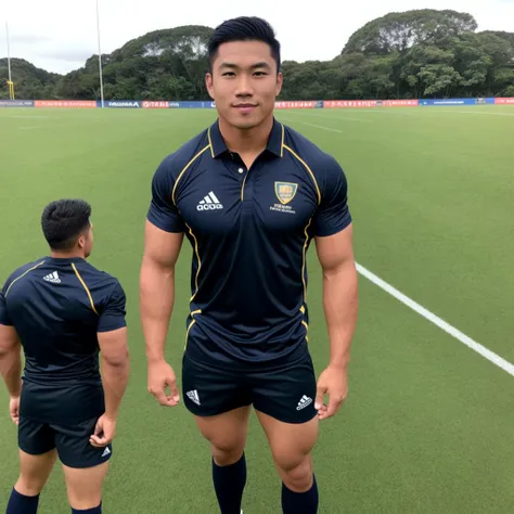 Picture of a handsome Asian rugby player with short hair, no beard, muscular body, big muscles, wearing a navy blue and black shirt, standing in the middle of the field.