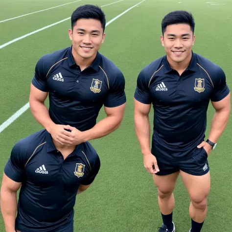 Picture of a handsome Asian rugby player with short hair, no beard, muscular body, big muscles, wearing a navy blue and black shirt, standing in the middle of the field.