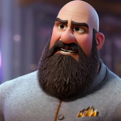 Bald headed bearded man, (pixar style) (masterpiece:1.2) (bokeh) (best quality) (detailed skin) (detailed texture) (8k) (claymation) (cinematic lighting) (sharp focus