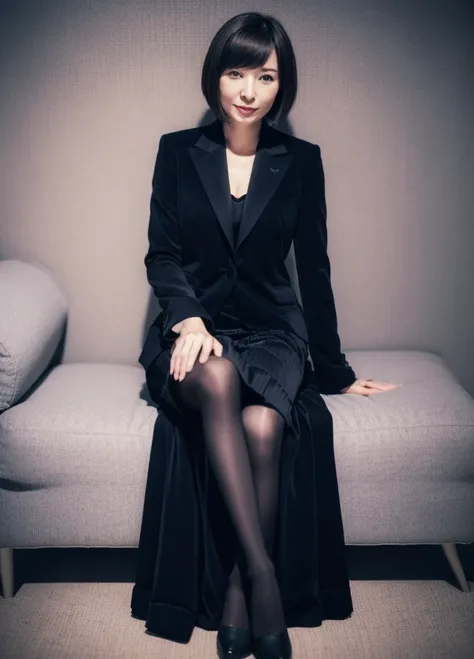 woman sitting on a blue couch wearing a Black suit and black shoes, woman in Black business suit, Wearing a black aristocratic suit, Black business suit, wearing Black business suit, Dark colored suit, Girl in suit, Black suit, Girl in suit, Elegant suits,...